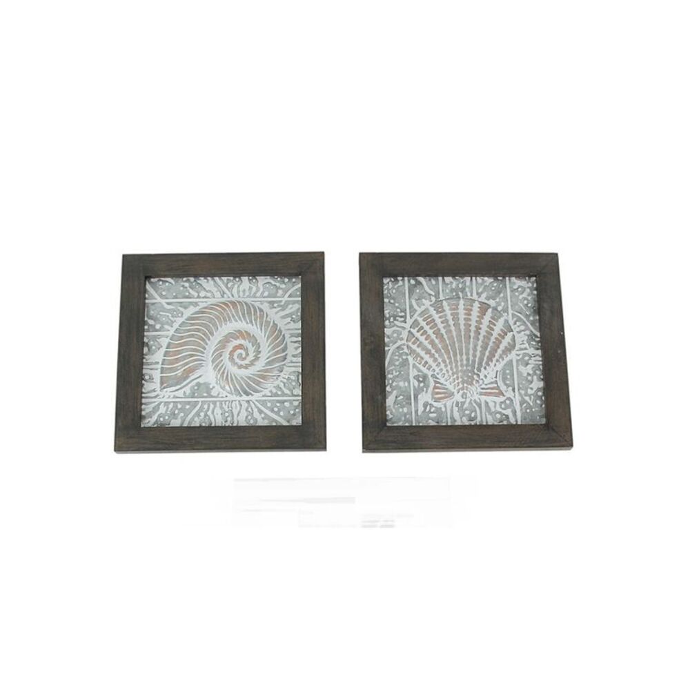 Set of 2 Wood Framed Stamped Metal Coastal Seashell Wall Hangings